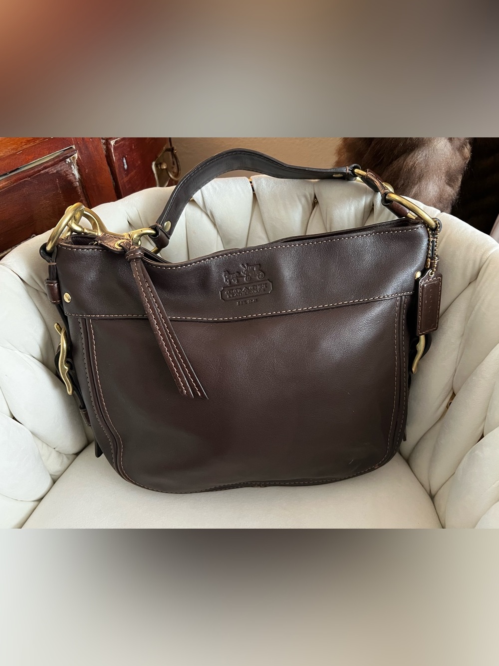 Coach Zoe Brown Leather Hono Shoulder Bag with Brass Hardware